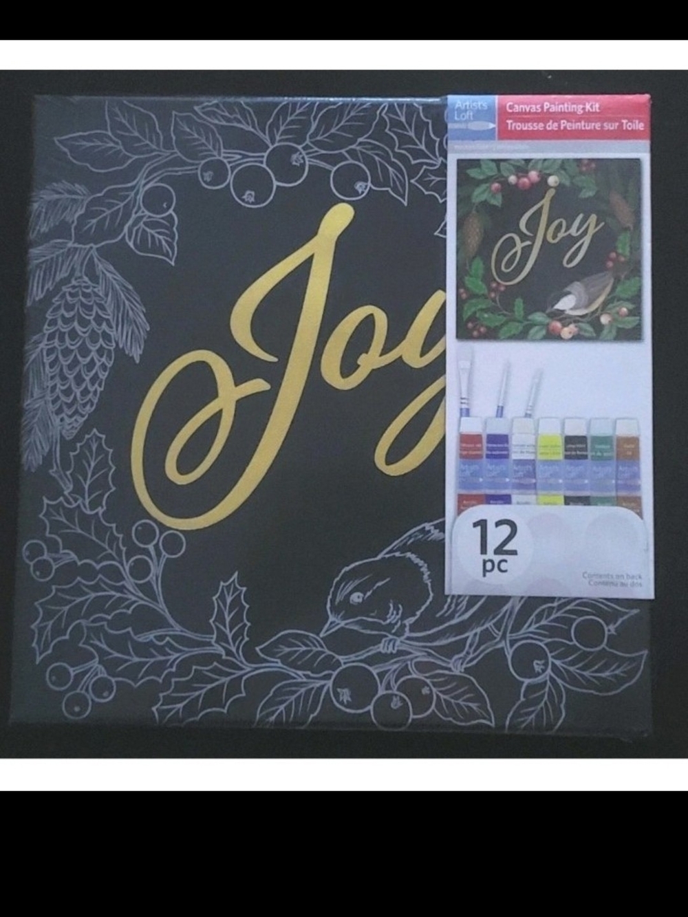 Artists Loft Black Canvas Painting Kit Christmas GOLD JOY Wreath Bird Berry HTF